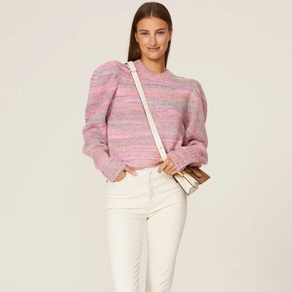 LoveShackFancy Aquarius Pullover Knit Sweater Crew Neck Long Puff Sleeve Pink M - Picture 4 of 13